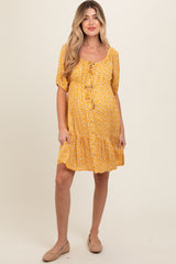 Yellow Floral Button Front Drawstring Waist Ruffle Maternity Dress