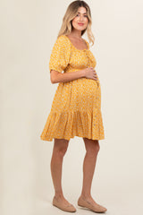 Yellow Floral Button Front Drawstring Waist Ruffle Maternity Dress