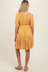 Yellow Floral Button Front Drawstring Waist Ruffle Maternity Dress