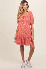 Red Floral Button Front Drawstring Waist Ruffle Maternity Dress