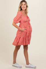 Red Floral Button Front Drawstring Waist Ruffle Maternity Dress