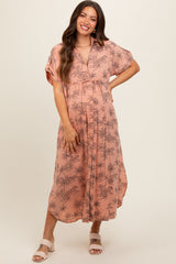 Peach Tiger Print Button Front Rounded Hem Maternity Midi Dress