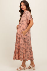 Peach Tiger Print Button Front Rounded Hem Maternity Midi Dress