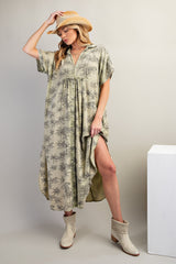 Light Olive Tiger Print Button Front Rounded Hem Midi Dress