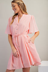 Pink Checkered Braided Belt Button Front Maternity Dress