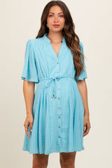 Light Blue Checkered Braided Belt Button Front Maternity Dress