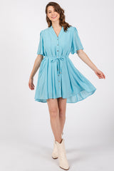 Light Blue Checkered Braided Belt Button Front Dress