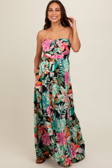 Black Floral Strapless Front Tie Maternity Jumpsuit