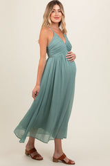 Sage Ruched V-Neck Maternity Midi Dress