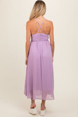 Lavender Ruched V-Neck Maternity Midi Dress