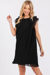 Black Flutter Sleeve Pleated Chiffon Mini Dress