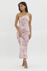 Pink Floral One Shoulder Cutout Maternity Midi Dress