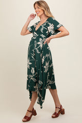 Forest Green Floral Knot Front Short Sleeve Asymmetrical Hem Maternity Maxi Dress