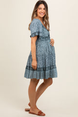 Blue Floral Paisley Knot V-Neck Short Sleeve Maternity Dress