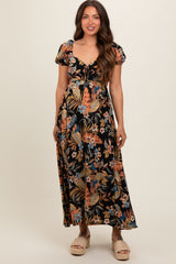 Black Floral Drawstring Front Side Cutout Maternity Maxi Dress