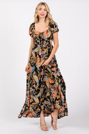 Black Floral Drawstring Front Side Cutout Maxi Dress