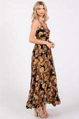 Black Floral Knot Front V-Neck Ruffle Hem Maxi Dress