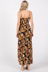 Black Floral Knot Front V-Neck Ruffle Hem Maxi Dress