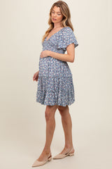 Blue Floral Smocked V-Neck Tiered Maternity Dress