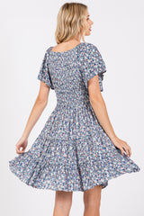 Blue Floral Smocked V-Neck Tiered Dress