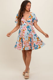 Light Blue Floral Knot Front Tiered Maternity Dress