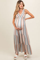 Multi-Color Striped Smocked Racerback Maternity Maxi Dress