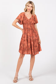 Rust Floral Smocked V-Neck Tiered Dress