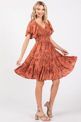 Rust Floral Smocked V-Neck Tiered Dress