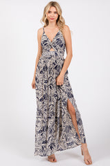 Navy Blue Leaf Print Front Cutout Side Slit Maternity Maxi Dress