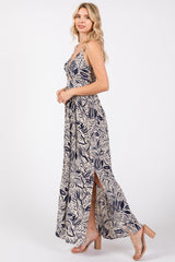 Navy Blue Leaf Print Front Cutout Side Slit Maxi Dress