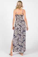 Navy Blue Leaf Print Front Cutout Side Slit Maxi Dress