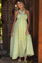 Yellow Print Halter Maternity Maxi Dress