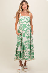 Green Floral Wave Trim A-Line Maternity Midi Dress