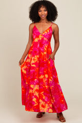 Orange Floral Print Tiered Dress