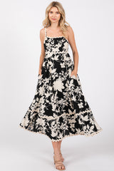 Black Floral Wave Trim A-Line Midi Dress