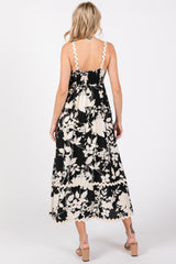 Black Floral Wave Trim A-Line Midi Dress