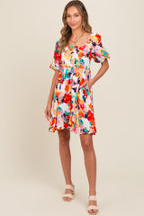 Multicolor Floral Puff Sleeve Dress