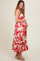 Red Floral Rick Rack Accent Maternity Midi Dress