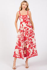 Red Floral Rick Rack Accent Midi Dress