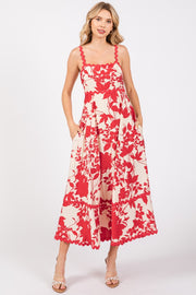 Red Floral Rick Rack Accent Midi Dress