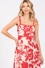 Red Floral Rick Rack Accent Midi Dress