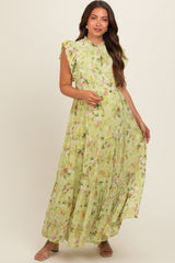 Lime Floral Chiffon Ruffle Shoulder Tiered Maternity Maxi Dress