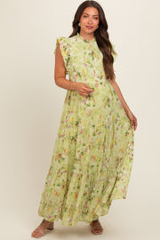 Lime Floral Chiffon Ruffle Shoulder Tiered Maternity Maxi Dress