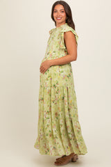 Lime Floral Chiffon Ruffle Shoulder Tiered Maternity Maxi Dress