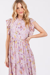 Lavender Floral Chiffon Ruffle Shoulder Tiered Maxi Dress