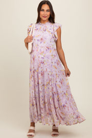 Lavender Floral Chiffon Ruffle Shoulder Tiered Maternity Maxi Dress