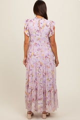 Lavender Floral Chiffon Ruffle Shoulder Tiered Maternity Maxi Dress