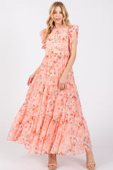 Peach Floral Chiffon Ruffle Shoulder Tiered Maxi Dress