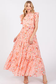 Peach Floral Chiffon Ruffle Shoulder Tiered Maxi Dress