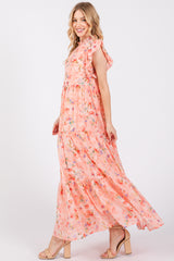 Peach Floral Chiffon Ruffle Shoulder Tiered Maxi Dress